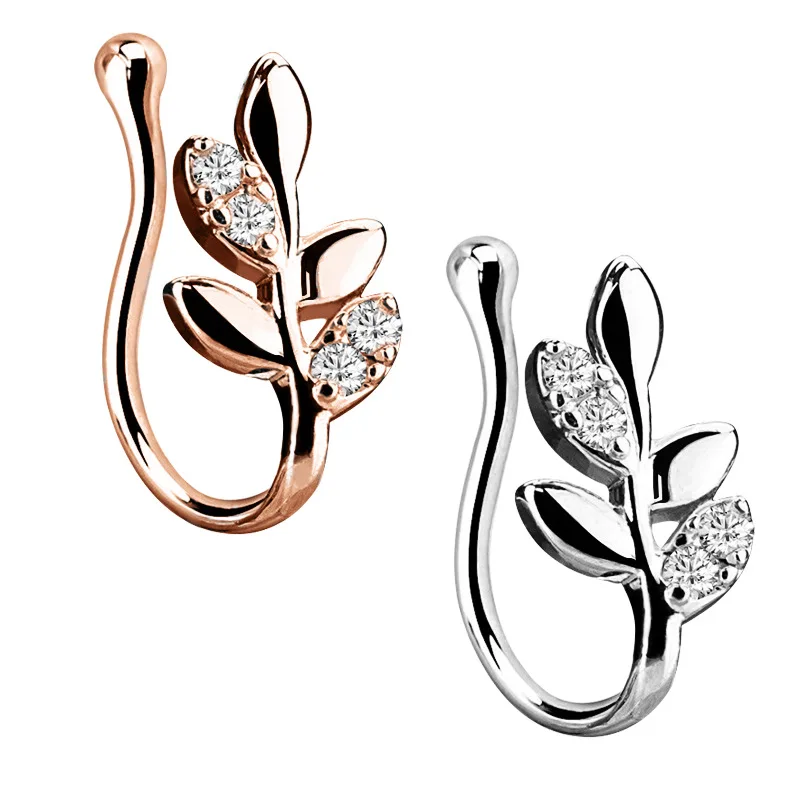 1PC  Stainless Steel New zircon leaf nose clip fake nose ring ear bone clip