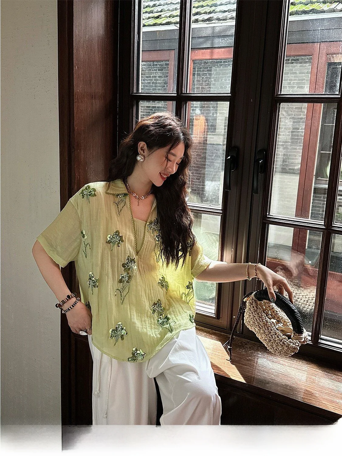 

Sanji Bla Flower New Chinese Sle ort Sve irt Thin Luxury High-End Sensation National Sle Women's Busin Casual...