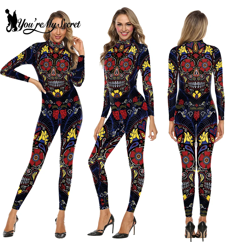 [You\'re My Secret] Halloween Skeleton 3D Printing Holiday Party Cyberpunk Punk Jumpsuit Colorful Skull Leggings Performance Suit