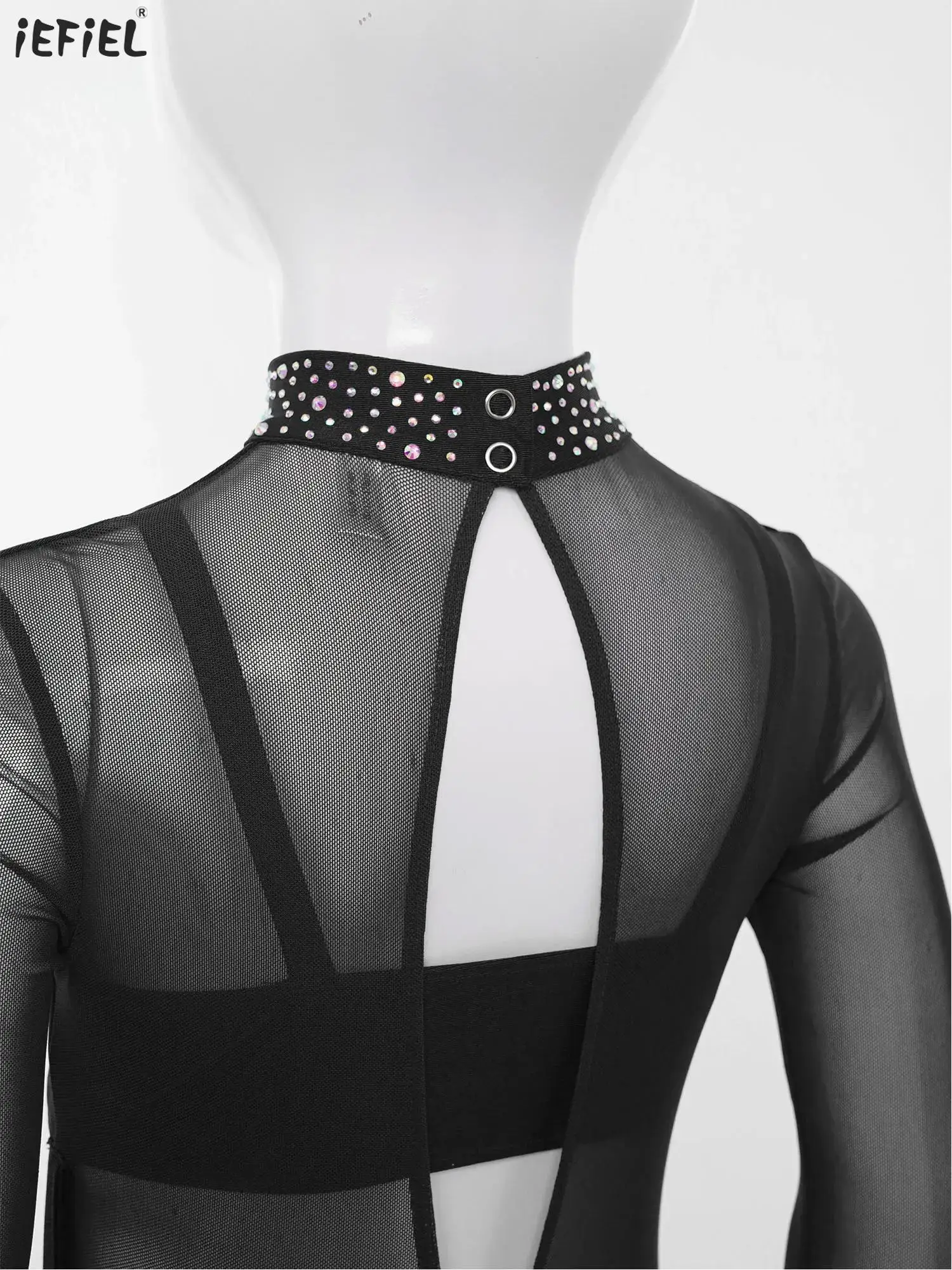 الفتيات الجمباز يوتار بذلة الشكل التزلج ملابس رقص وهمية الرقبة طويلة الأكمام بقماش شفاف سباركلي الراين داخلية