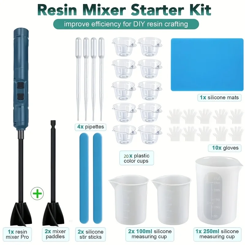 43-teiliges Hartharz-Mischwerkzeug-Set, einschließlich Handmixer für Epoxidharz, Messbecher, Dichtungen, Pipette, Handschuhe, Bohrmaschinen-Mischaufsatz und Rührstäbchen. Ideal für Schmuckherstellung