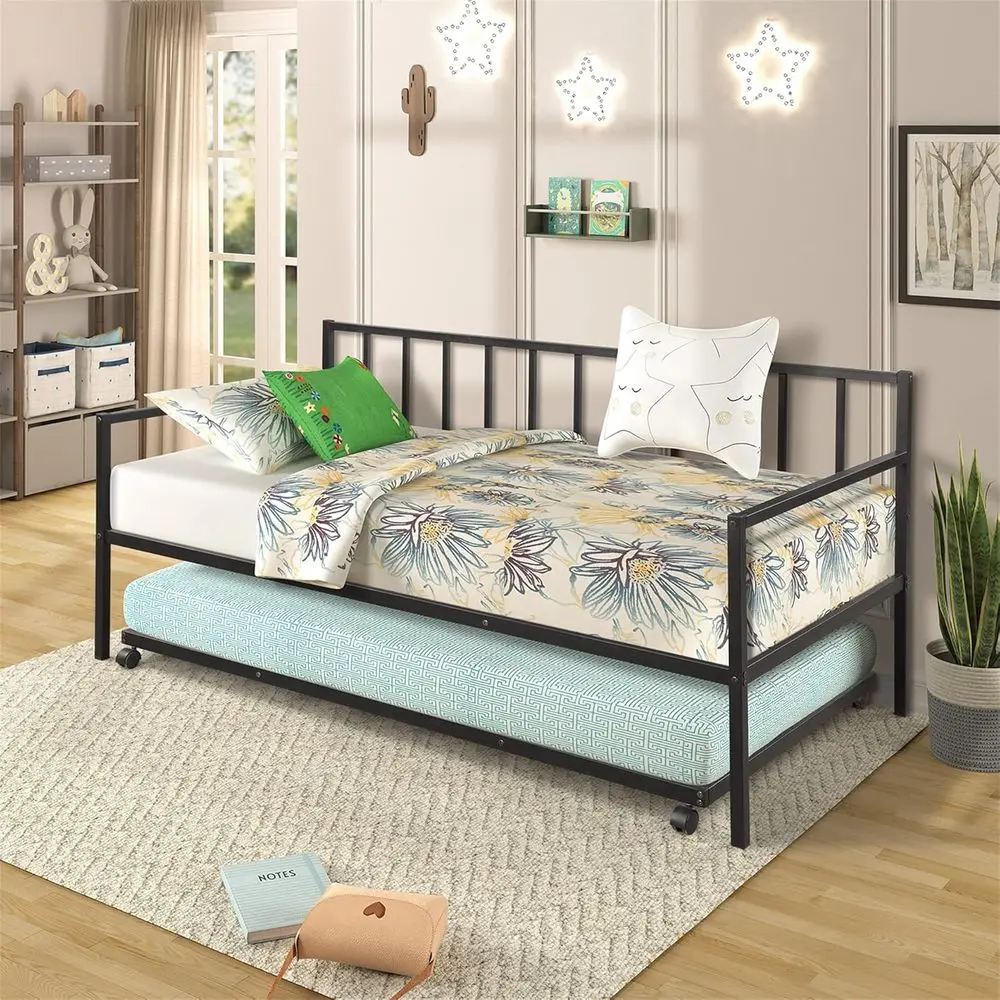 

Twin Metal Daybed with Trundle, Sleep and Storage Solution for Living Spaces, No Box Spring Needed (Black)