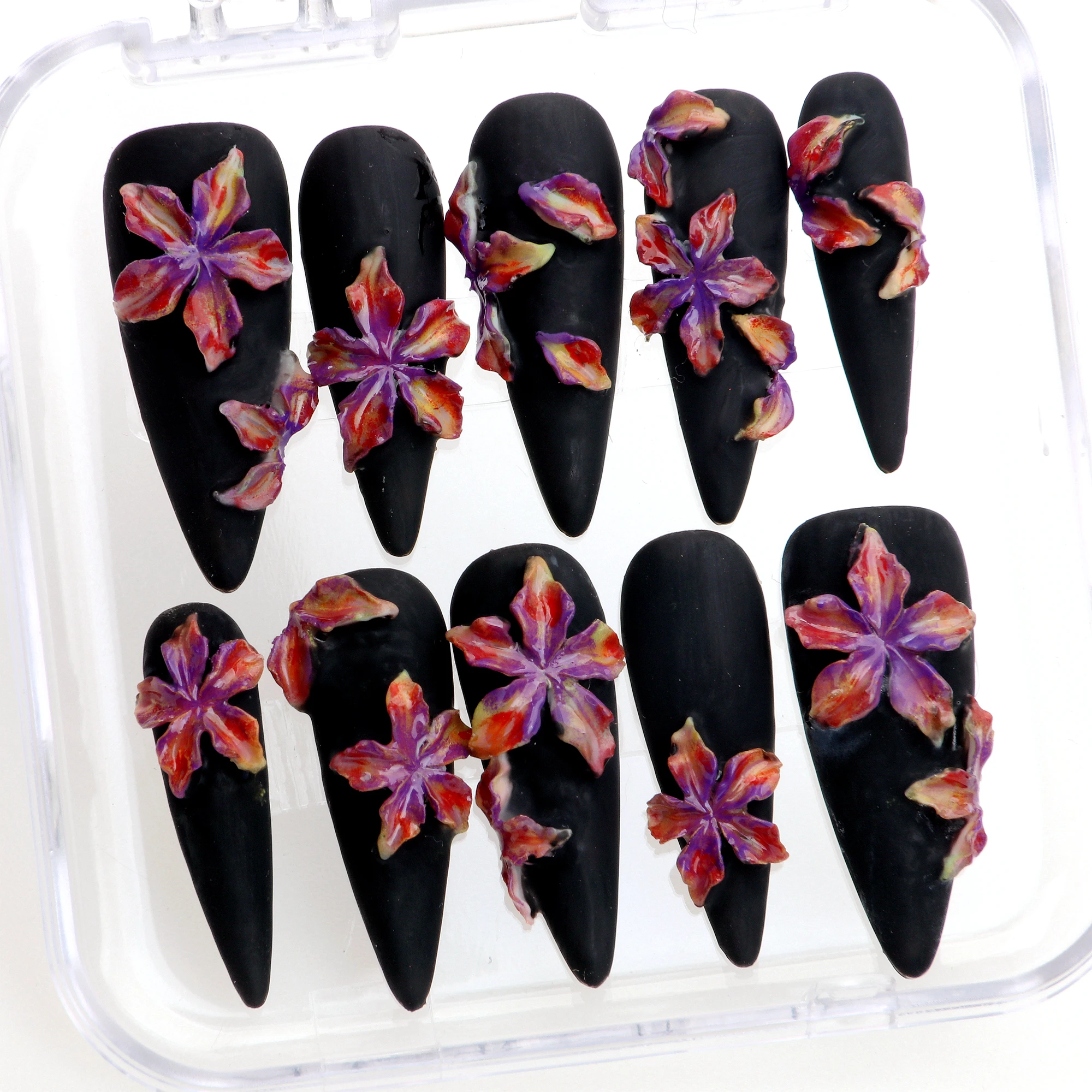 10Pcs Handmade Manicure Long Stiletto Black Nails Unique 3D  beautiful Flowers Press On Nails Design with Adhesive Nail File Set