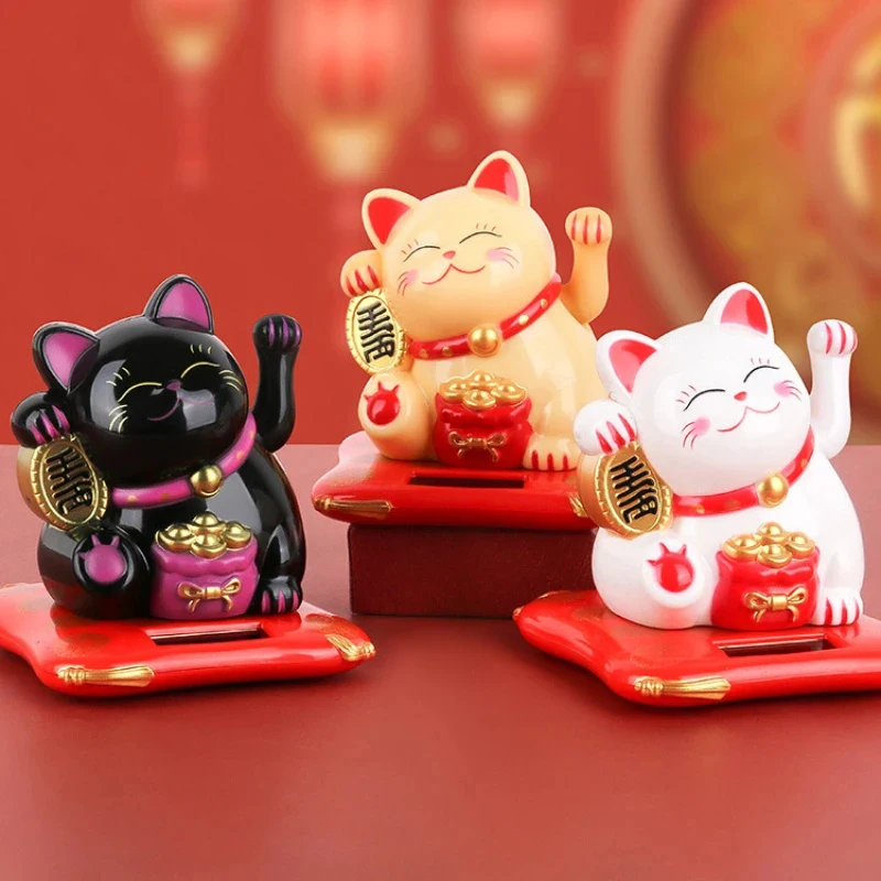 Solar Powered Maneki Neko Lucky Cat Figurines For Car Interior Decor Waving Hand Chinese Lucky Cat Beckoning Fortune Doll