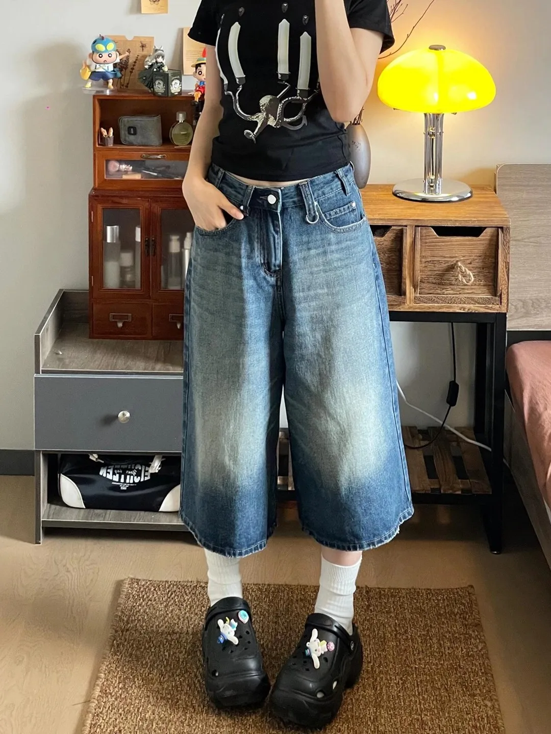 

American Style Retro Street Straight Leg Jeans Women Loose Wide Leg Mid-Length Pants Slimming Versatile Denim Shorts