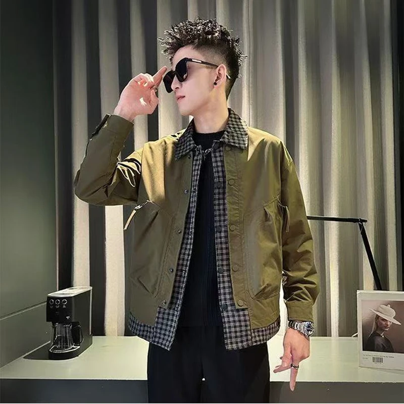 

Модная мужская рабочая куртка в стиле пэчворк с клетчатым узором, свободного кроя, с воротником, для весны и осени, из полиэфирного волокна, модель Long Sve