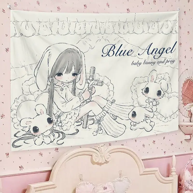 VIKAMA Pink Cute Anime Girl Tapestry, Kawaii Aesthetic Wall Hanging, Sweet Girls Bedroom Dorm Decor, Photo Backdrop