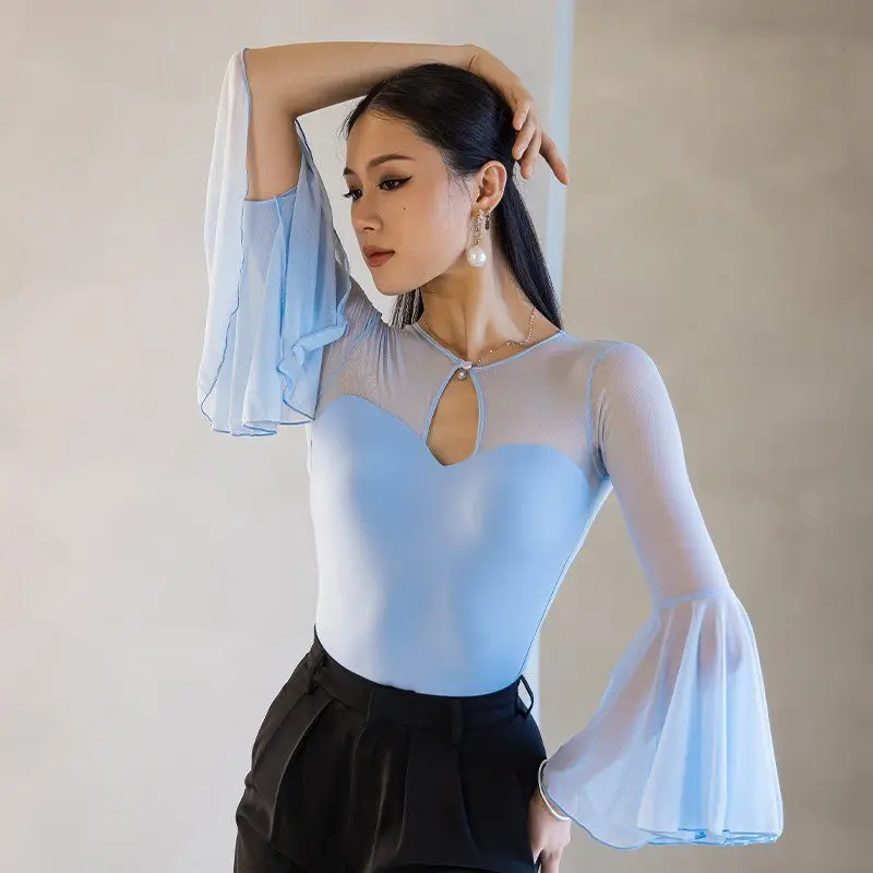 Sensual Hollow out See through Slimming Top with Chest Pad Bell Sleeve Latin Dance Modern Dance  Suit for Women