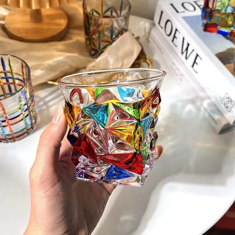 European-Style Hand Painting Glass Cup Trending Creative Lattice Square Woven Glass Cup Bar Whiskey Shot Glass