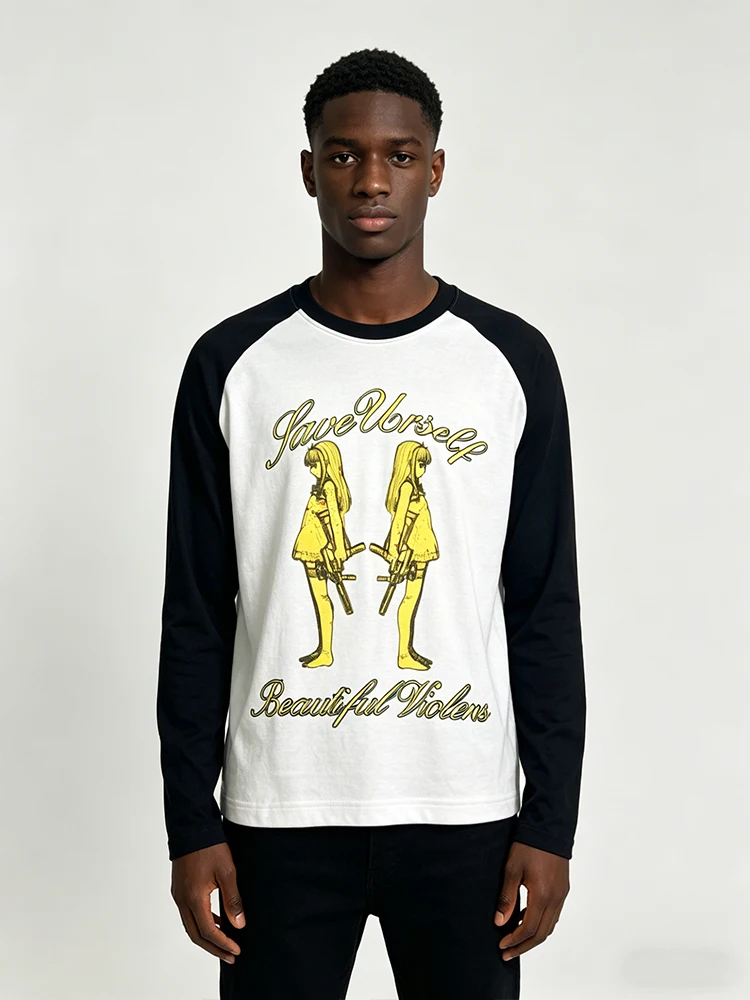 2026 Spring and Autumn New Long-sleeved T-shirt with Black and White Color Matching Print Pattern American Street Style