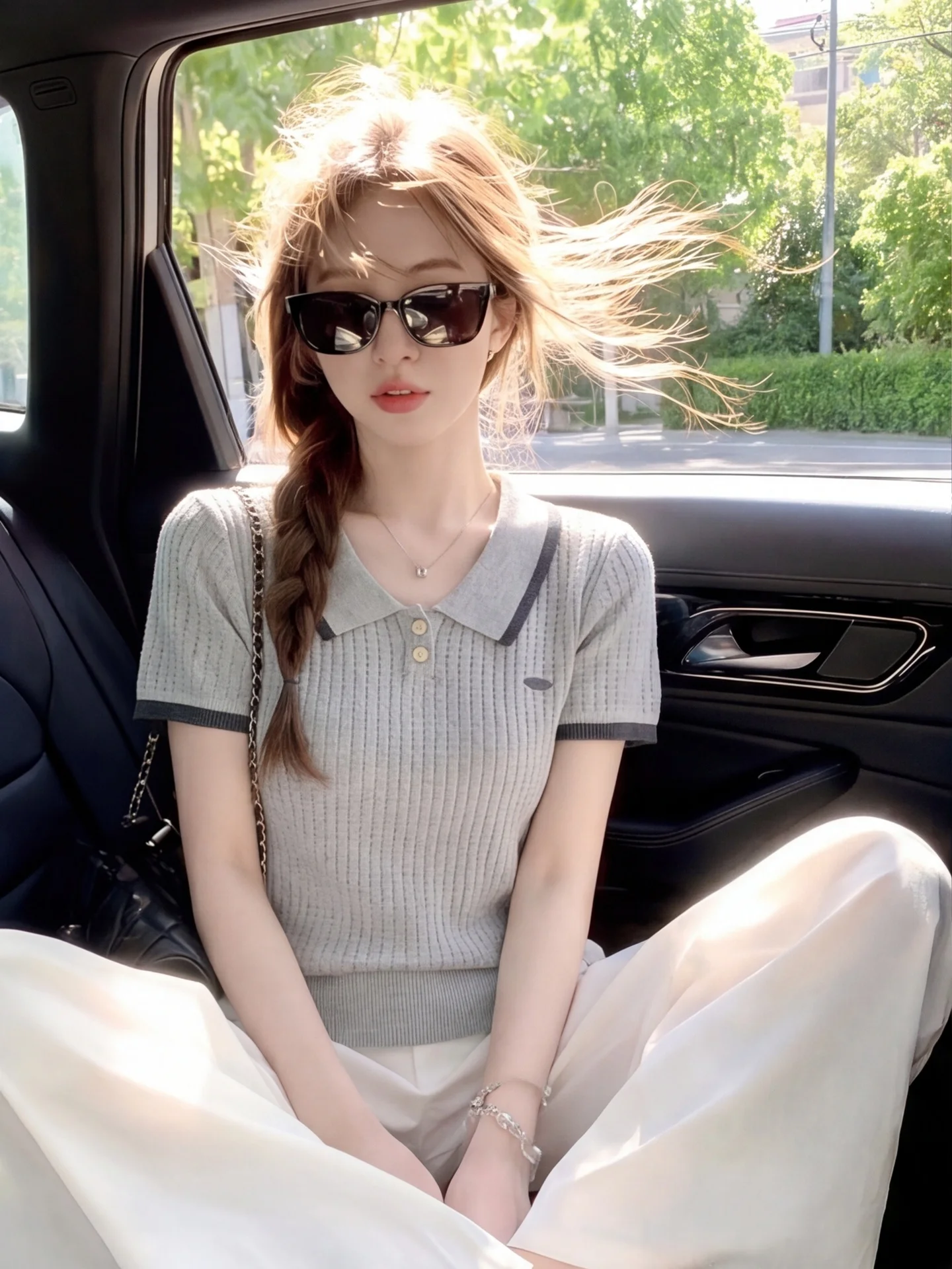 

Korean Style Soft School Style Color Block Lace Knitwear Short Sleeve Turn-down Collar Ice Silk Thin Summer Top for Women