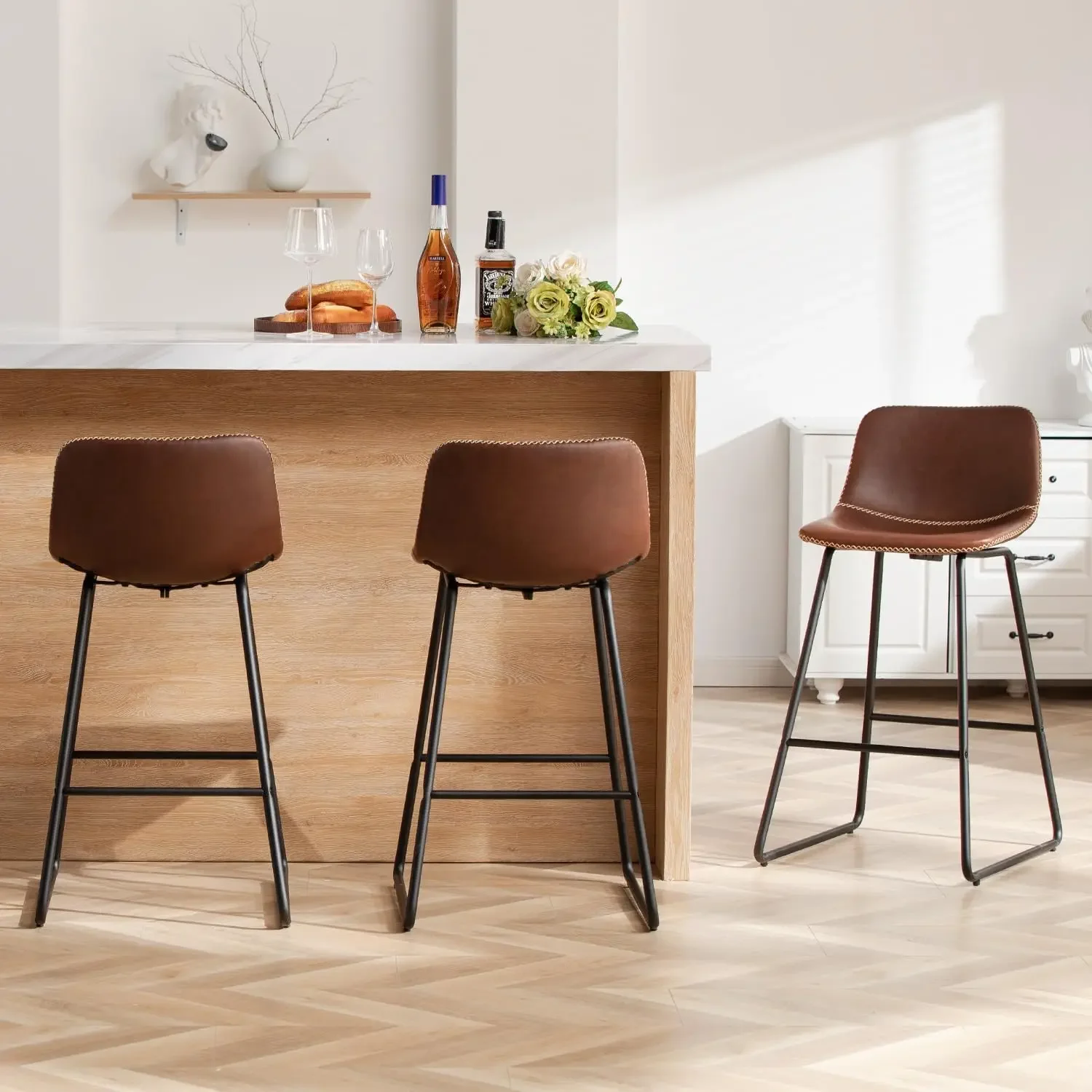 Counter Height Bar Stools Set of 3, Brown Barstools with Back Support 26 Inch Faux Leather Bar Stools for Kitchen Island