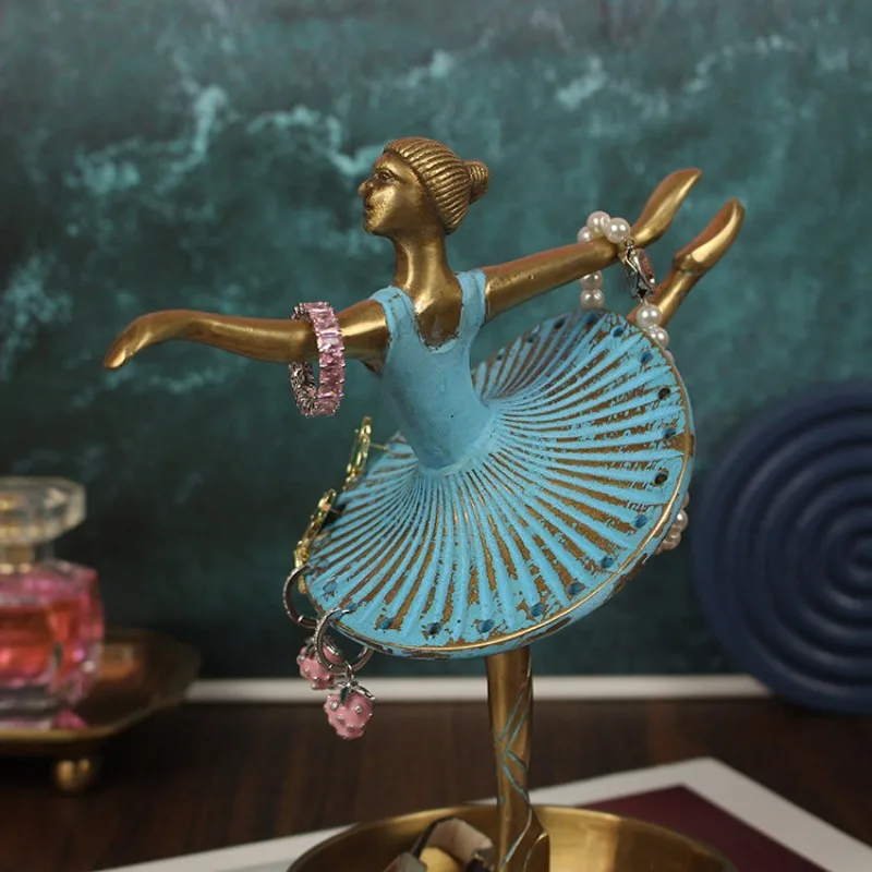 Solid Brass Ballerina Figurine Jewelry Holder Ring Stand Earring Rack Display Sculpture Vintage Ornament for Home Dresser Decor