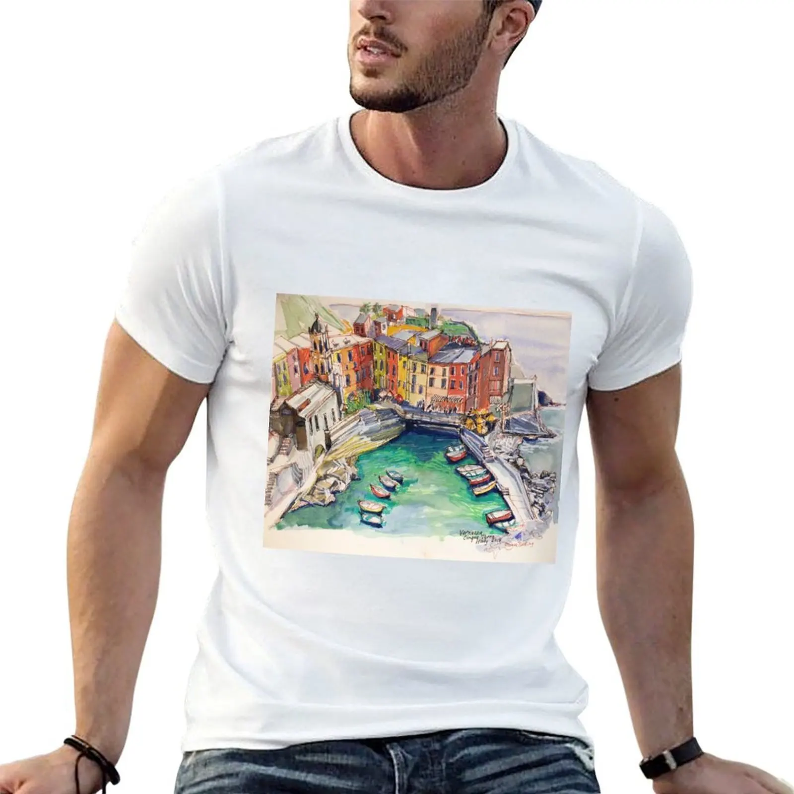 ‘Vernazza. Cinque Terre Italy’ p&w T-Shirt man t shirt anime black t shirts for men