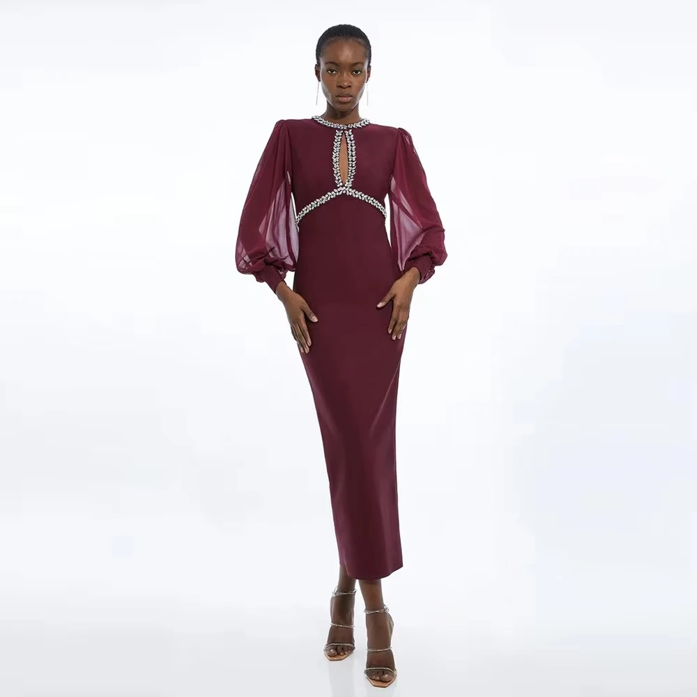 Vestido de Fiesta con Mangas Farol, Personalizado con Cristales, Vestido de Graduación con Cuello Redondo, Largo Midi, Atuendo para Invitadas de Boda