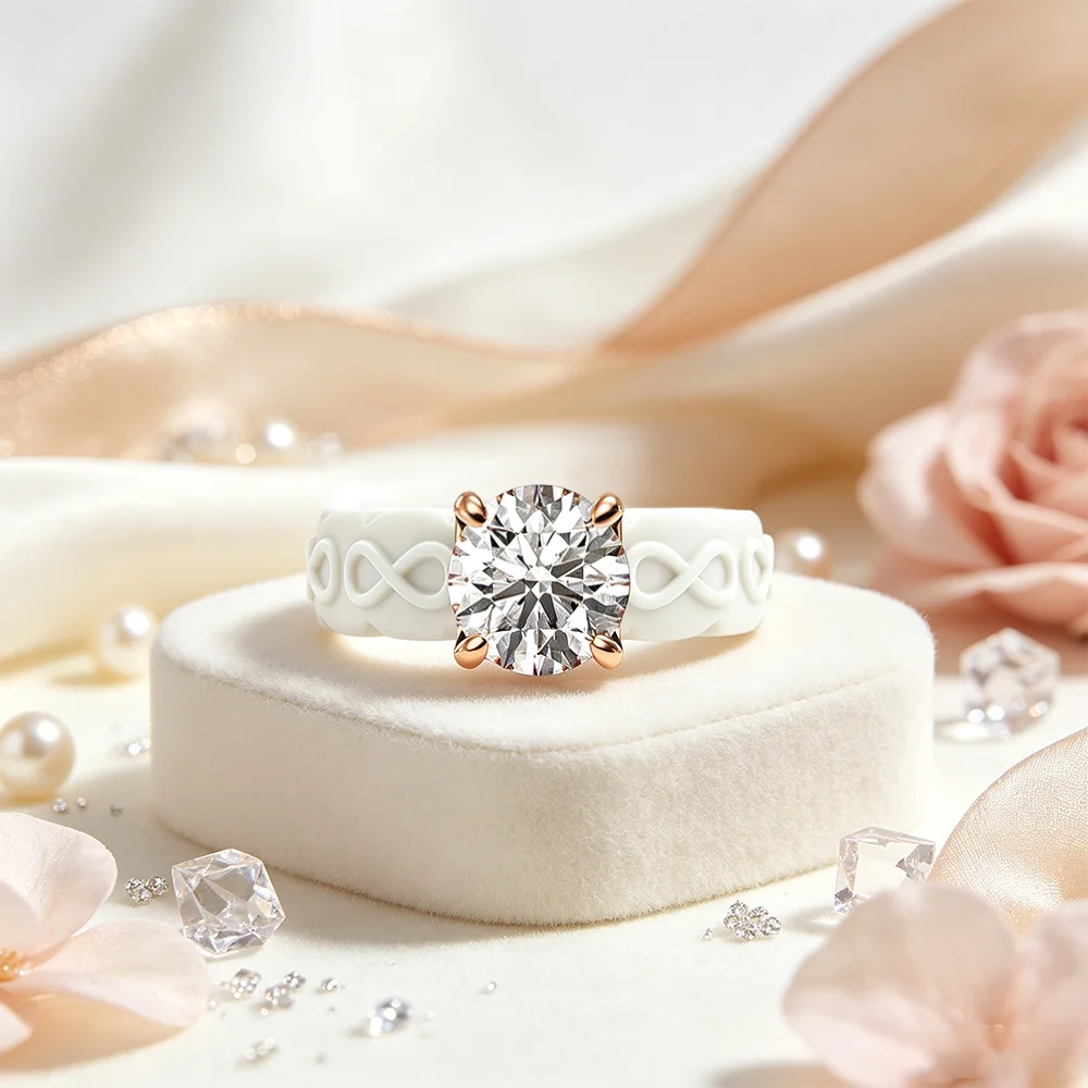 Women White Silicone Finger Ring, Infinity Pattern Wide Band, Round Center Detail, Scratch Resistant Light Stackable Ring