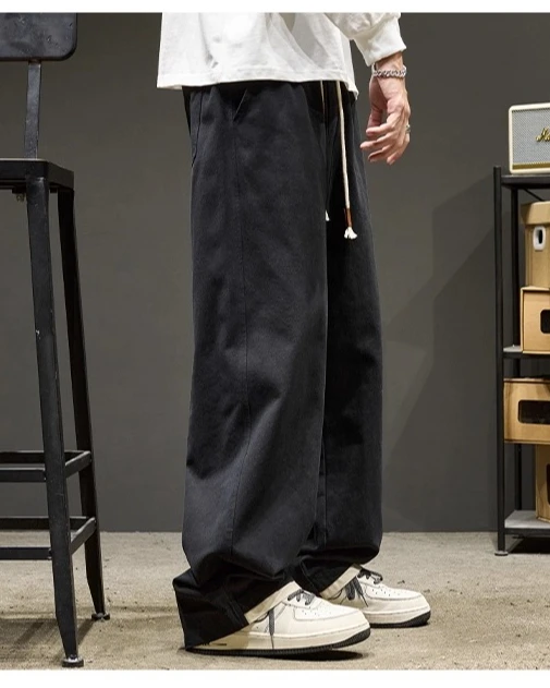 2025 Spring and Autumn New Men's Khaki Black High Waist Elastic Loose Straight Pants American Workwear Brown Velvet Long Pants