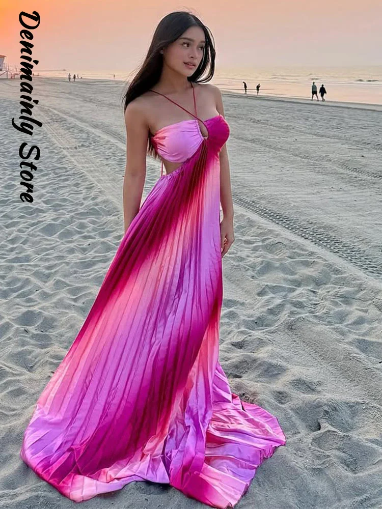 Fashion Women's Gradient Pleated Halter Dress Slim Sleeveless Backless Lace Up Hollow Out Long Dresses 2026 Summer Lady Robes