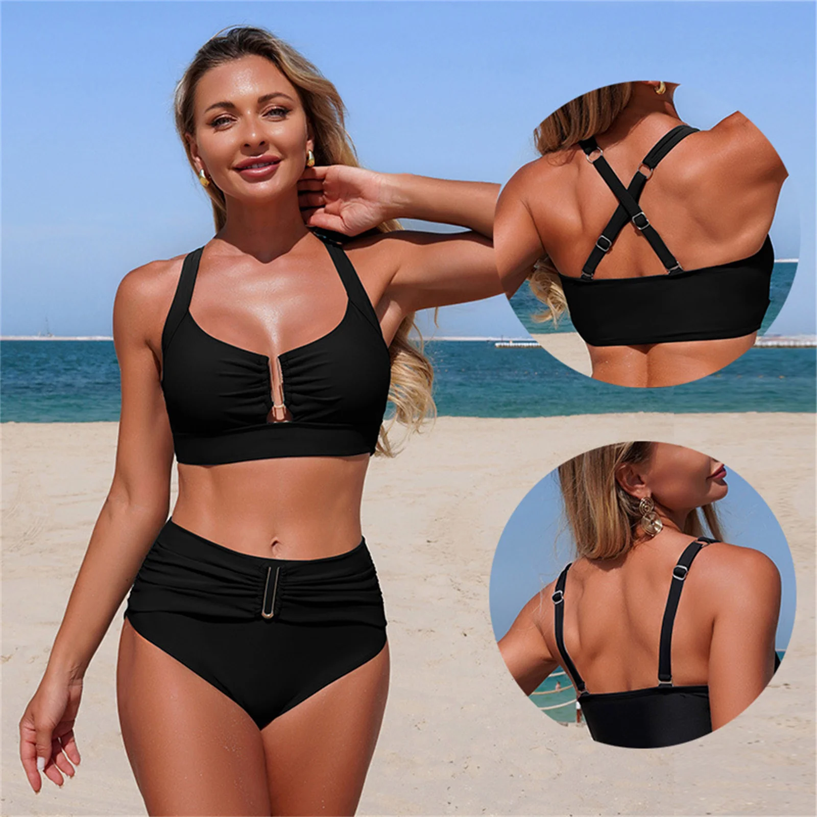 

Sexy Bikini Summer Halter Neck Metal Ring Crisscross Back Ruched High Waisted Two Piece Beach Slimming Swimwear Bathing Suit