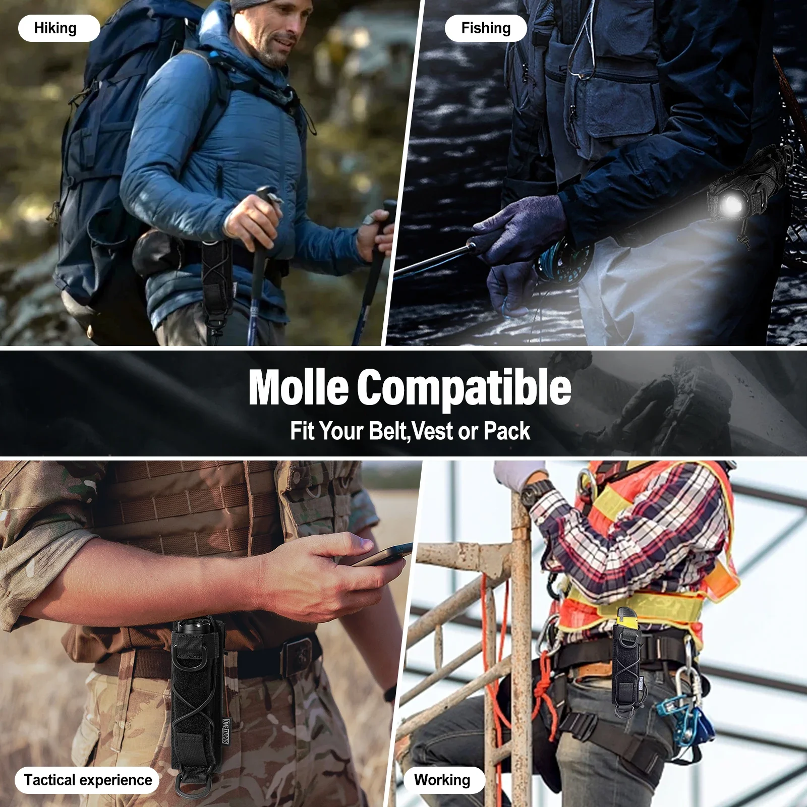 Onetigris coldre tático para lanterna molle, suporte para tocha, cinto, bolsa de ferramentas utilitárias de topo aberto para caminhadas ao ar livre, acampamento