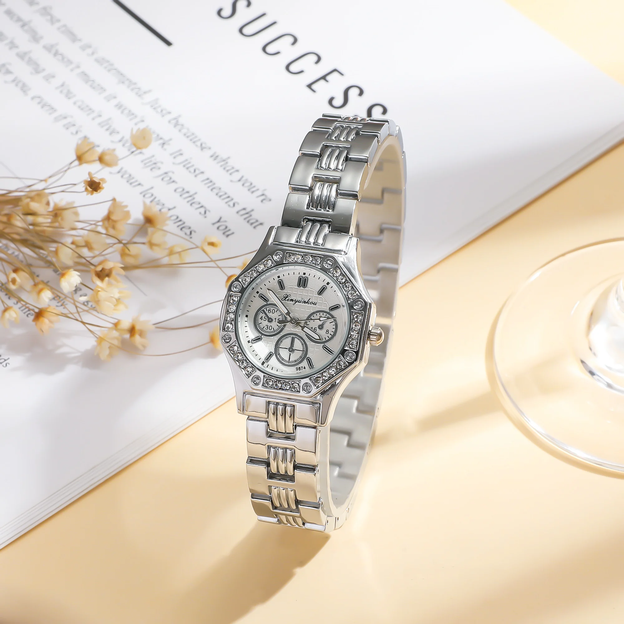 Women Fashion Square Roman Dial Full of Crystals Steel Belt Quartz Watch