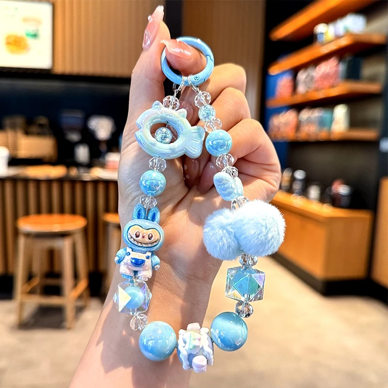 Labubu Painted Beads Phone Chain Hairball Keychain Sweet Girl Anti-lost Wrist Strap Bracelet Earphone Case Charm Bag Decor