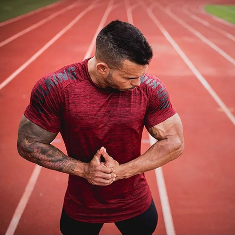 Fashion Breathable Muscle Fitness Men\'s Training Elastic T-Shirt Running Sports Quick Dry Short Sleeve Top Factory Direct Sales