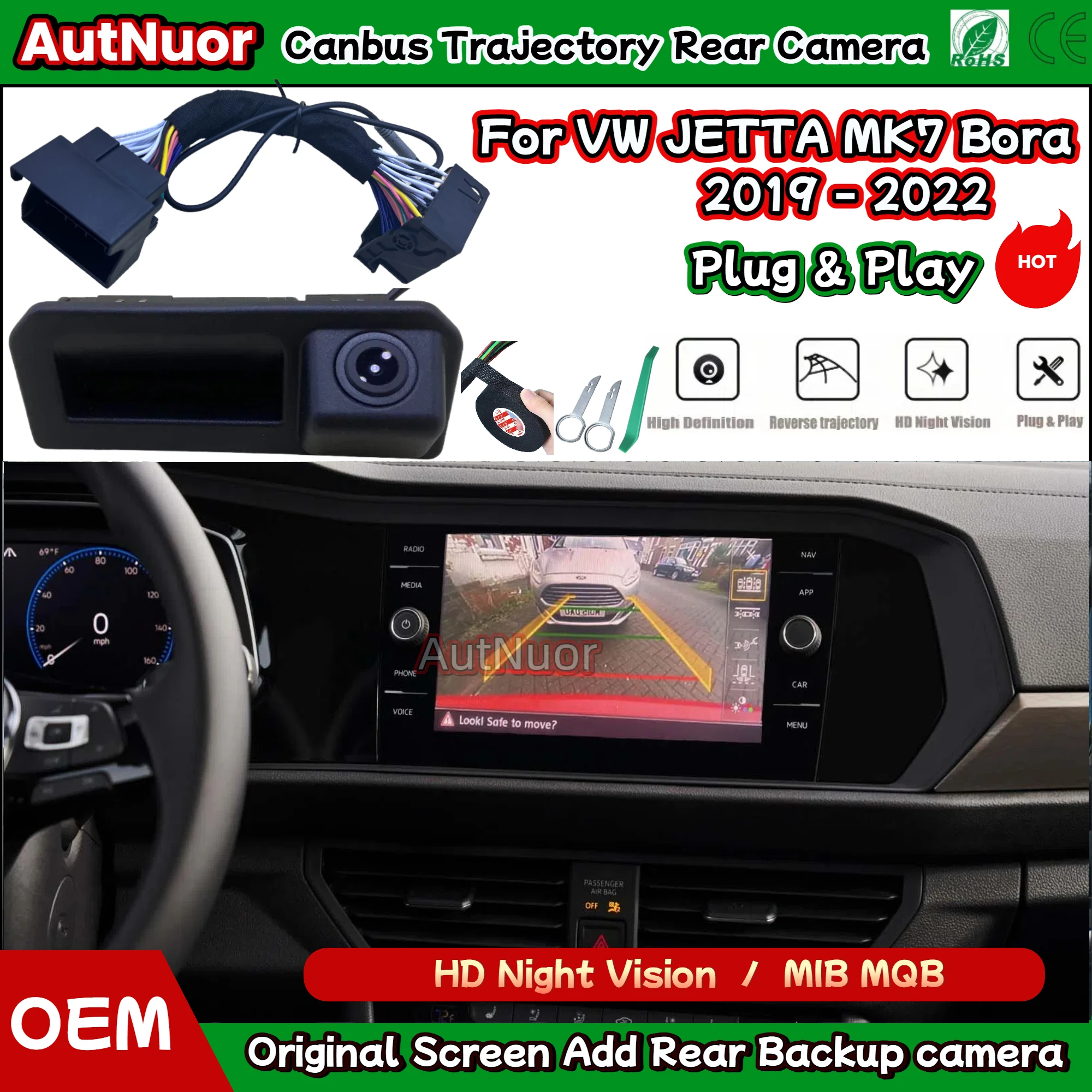 

Оригинальный экран Plug & Play, задняя резервная камера для VW JETTA MK7 Bora 2019–22 Canbus, динамическая траекторичная камера заднего вида MIB2