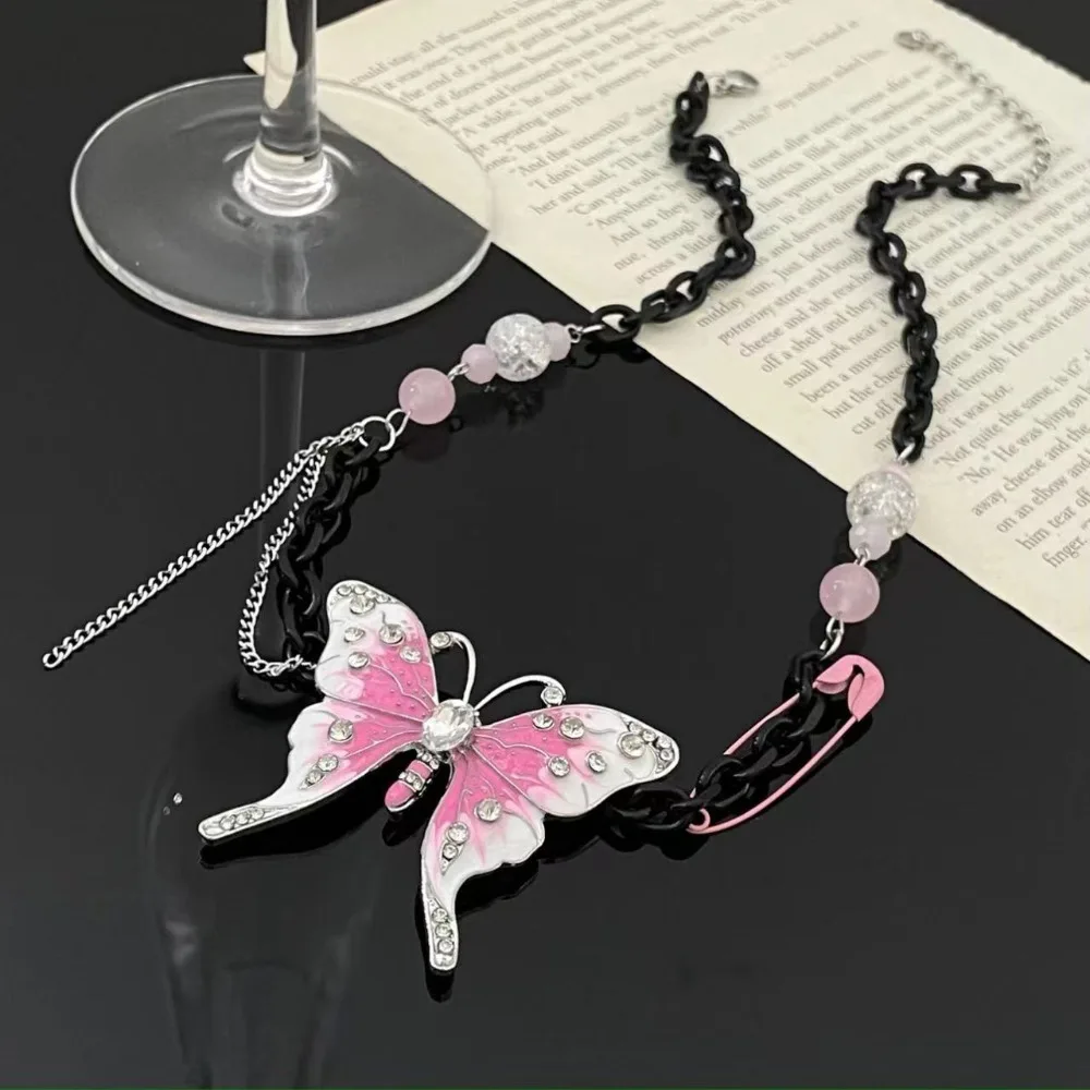 Spice Girl Pink Butterfly Necklace Sweet Butterfly Pendant Butterfly Fringe Necklace Simple Exquisite Butterfly Pendant Necklace