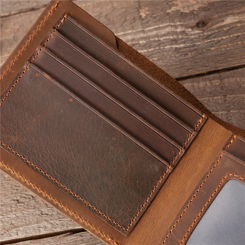 1120 Retro Casual Cowhide Men's Wallet, Crazy Horse Cowhide Multi Slot Wallet, Genuine Leather Short Money Card