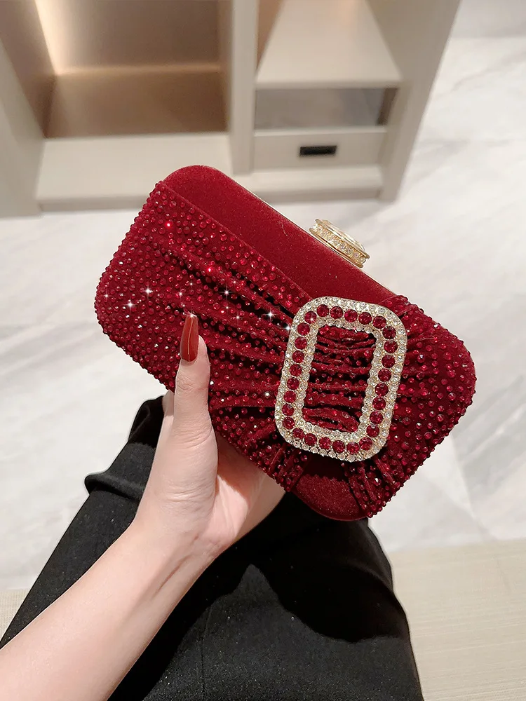 Wine Red Rhinestone Evening Bags For Women Fashion Velvet Cloth Clutches Ladies Handbags Wedding Party Purses