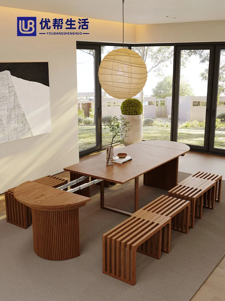 

LMM Rectangular Solid Wood Telescopic Dining Table Multi-person Dining Old-style New Style