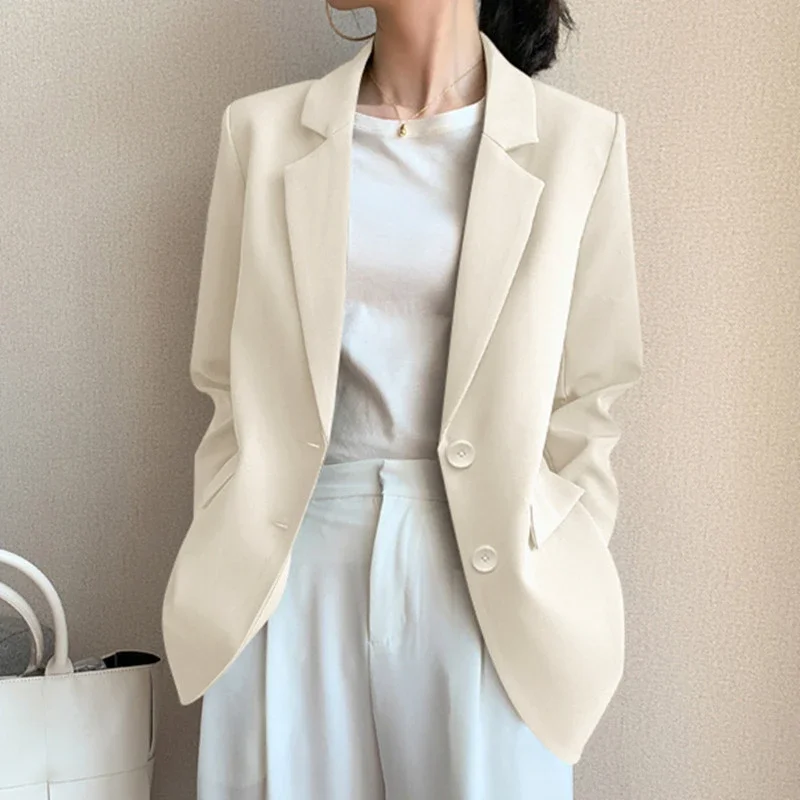 Khaki Suit Jacket for Women Autumn New Korean Loose Blazer Office Lady Tailored Collar Retro Chic Casual Solid Blazers Women