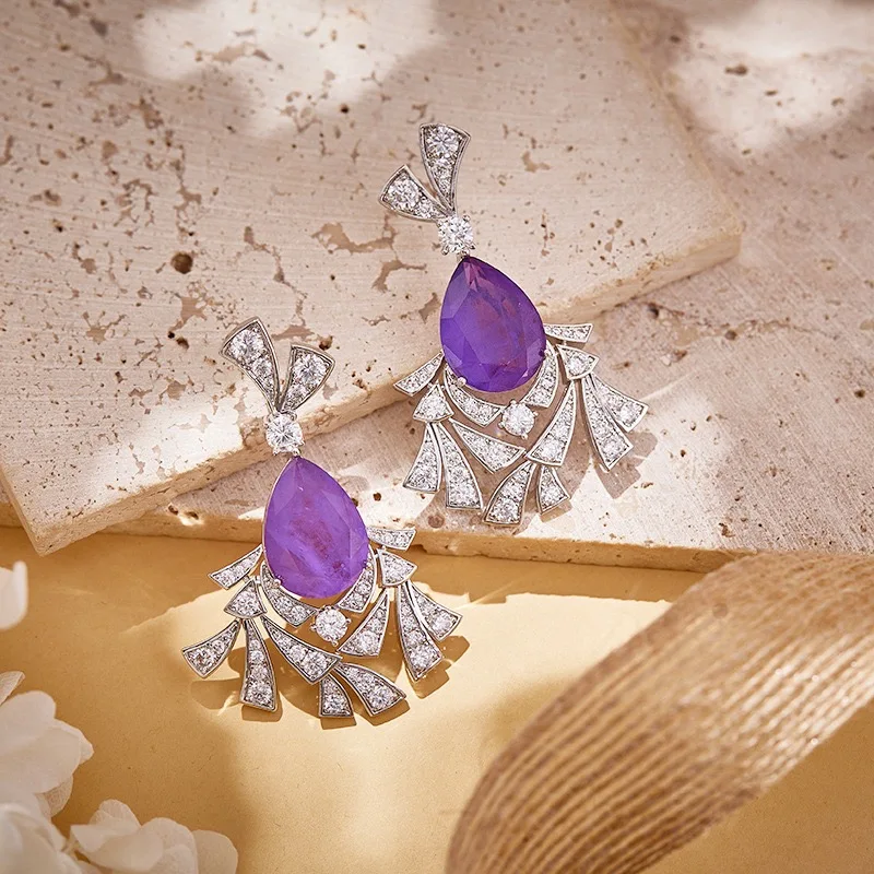 

2025 new fashionable classic European and American style purple drop-shaped zircon earrings for women, elegant luxurious gift