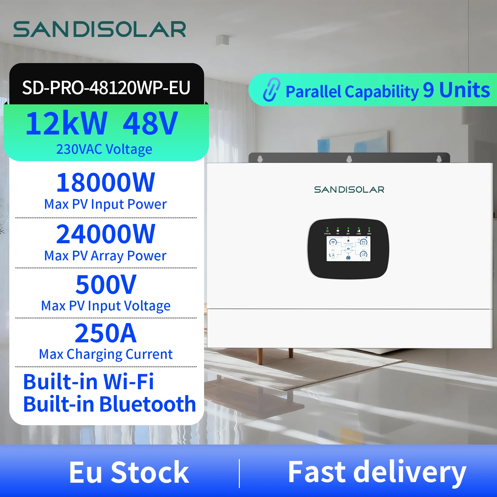SANDISOLAR Inverter Solare 12KW 12000W 48V con Corrente di Carica 250A, Ingresso PV 18KW, Schermo Touch LCD, Comunicazione RS485 USB CAN