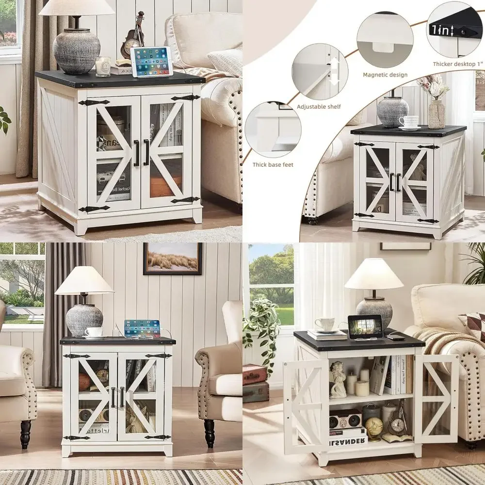 

Журнальный столик в деревенском стиле, приставной столик для дивана большого размера 24 дюйма со встроенным портом для зарядки, стеклянная раздвижная дверь для сарая, деревянная ника