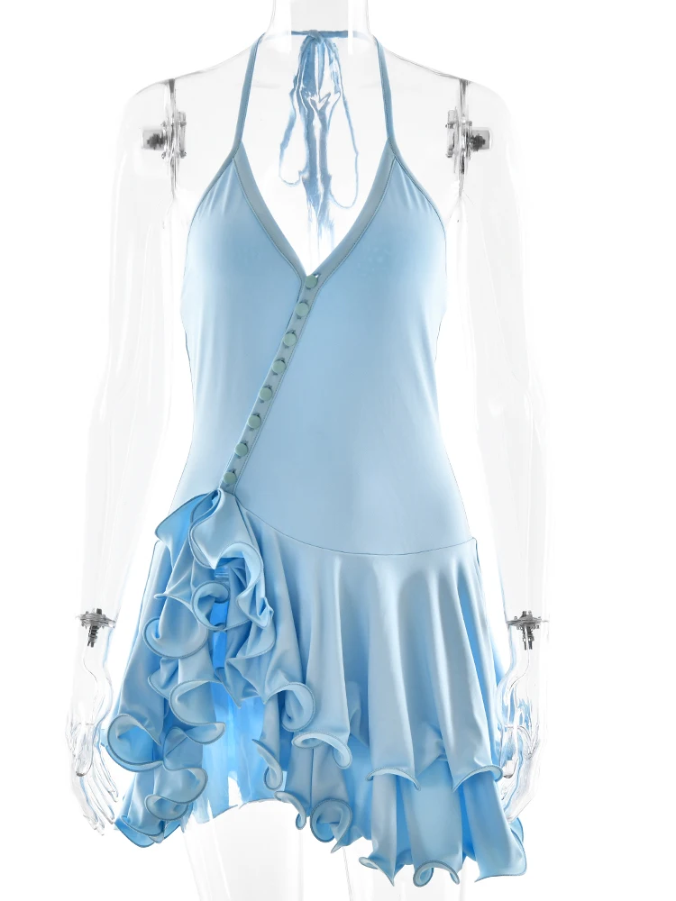 Fantoye Irregular Sexy Backless Ruffle Women Mini Dress Blue Single-breasted Halter Dress Summer Skinny Elegant Party Club Dress