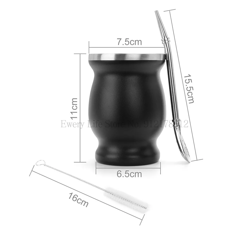 230ML 18/8 Stainless Steel Mate Tea Cup Yerba Set Includes Double Walled One Bombilla (Straw),a Cleaning Brush Gaiwan
