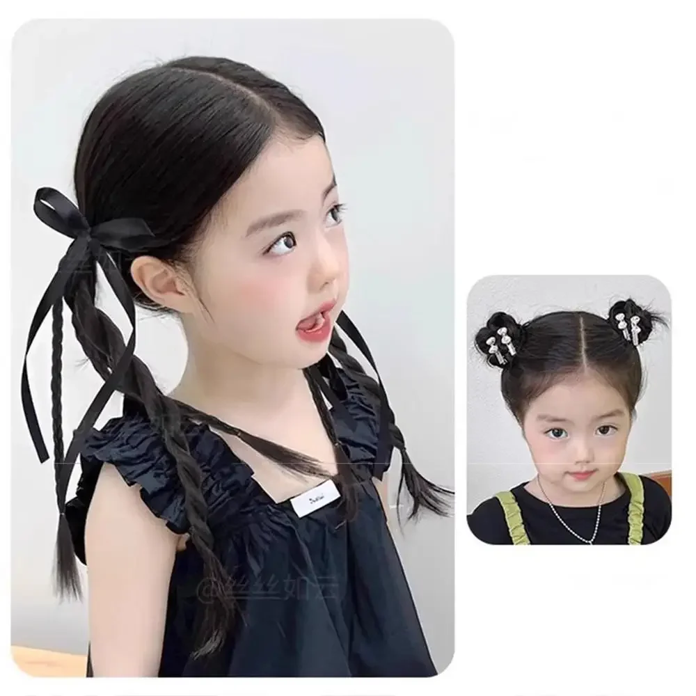 Synthetic 2PC children Simulation boxing braid double ponytail wig Girls ribbon bowknot Twist Braids Wigs Extension 50cm