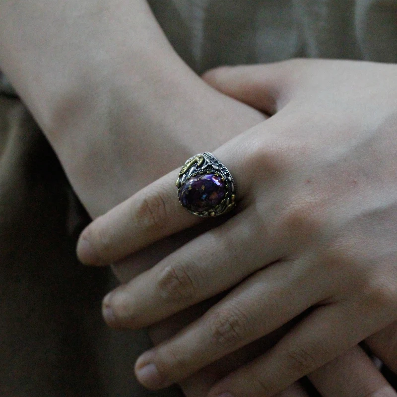 S925 خاتم مصنوع يدوياً من الفضة الإسترلينية الفيروزية والفارزية ، خاتم إسلامي رجالي ، هدية مجوهرات مهرجان النساء الأرجواني ، مجوهرات تركية #5