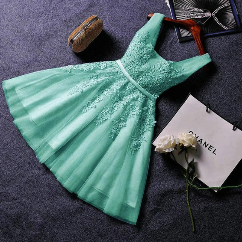 Custom Made Mesh Tulle Net Short Prom Dressess Lady Sexy V Neck Appliques Beading Lace Up Knee-Length Party Dress