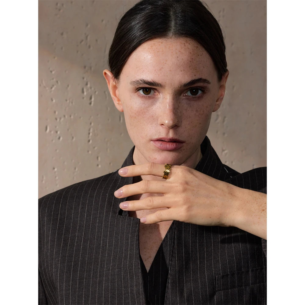 Yhpup 7 #   أنيق الفولاذ المقاوم للصدأ الكتابة على الجدران مضحك حلقة مفتوحة 18K الذهب اللون PVD مطلي الإبداعية سحر مهرجان مجوهرات الأزياء هدية