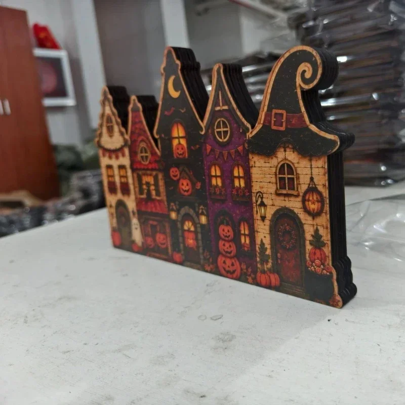 Hölzernes Geisterhaus-Dorf Halloween-Tablett Vintage Desktop Gruseliges Rustikales Herbst-Landhaus Tischdekoration Geschenk Ausstellungsstück Kunst