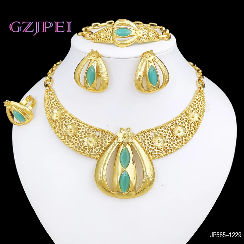 New 18K Gold Plated Jewelry Set For Women Necklace Earring Ring Bracelet 4PCS Set Jewelry Luxury Design Weddding Party Gift