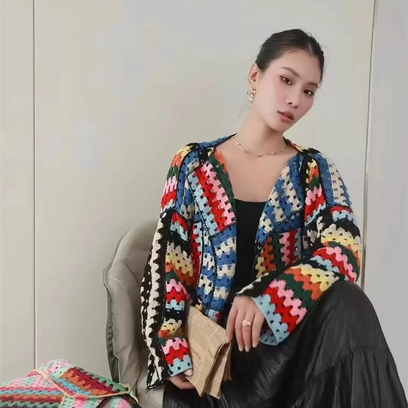 SALIENCY Colorful Knit Stitch Hollow Out Oversize Cardigan Women Open