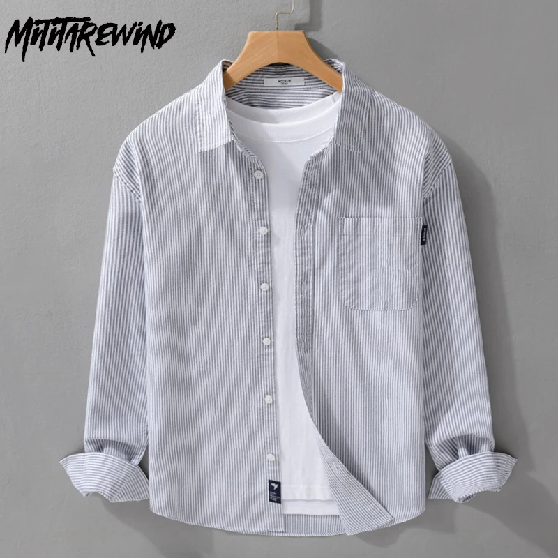 

Korean Style Striped Long Sleeve Shirt Men Simple Long Sleeve Shirt Lapel Comfort 100%cotton Casual Shirts with Pocket Youth Top