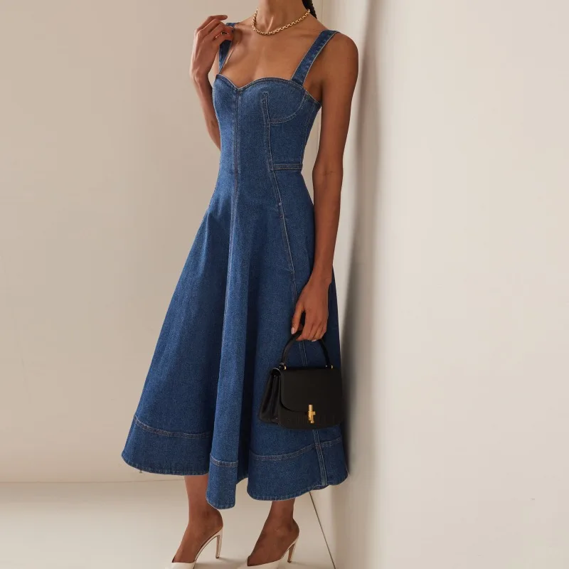 Suspender Dress for Summer New Backless Sexy Retro Denim Long Skirt