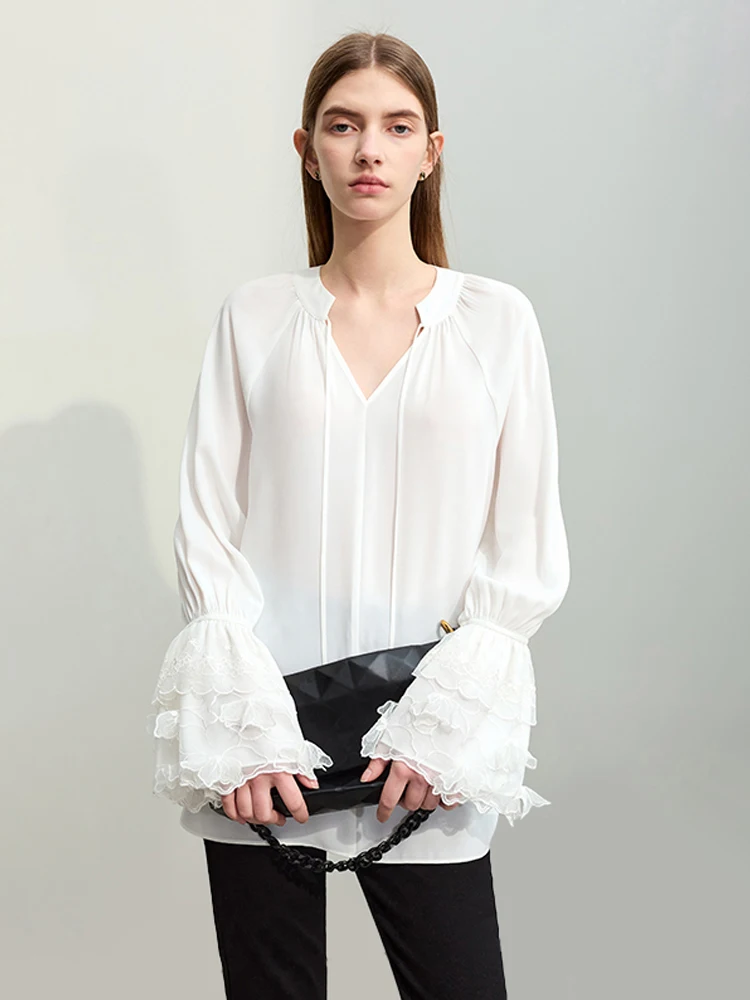 AMII Minimalism Women Lace Chiffon Shirts 2024 Spring New V-neck Tie Mid-length Flare Sleeve Fairy Style Loose Blouses 12441219