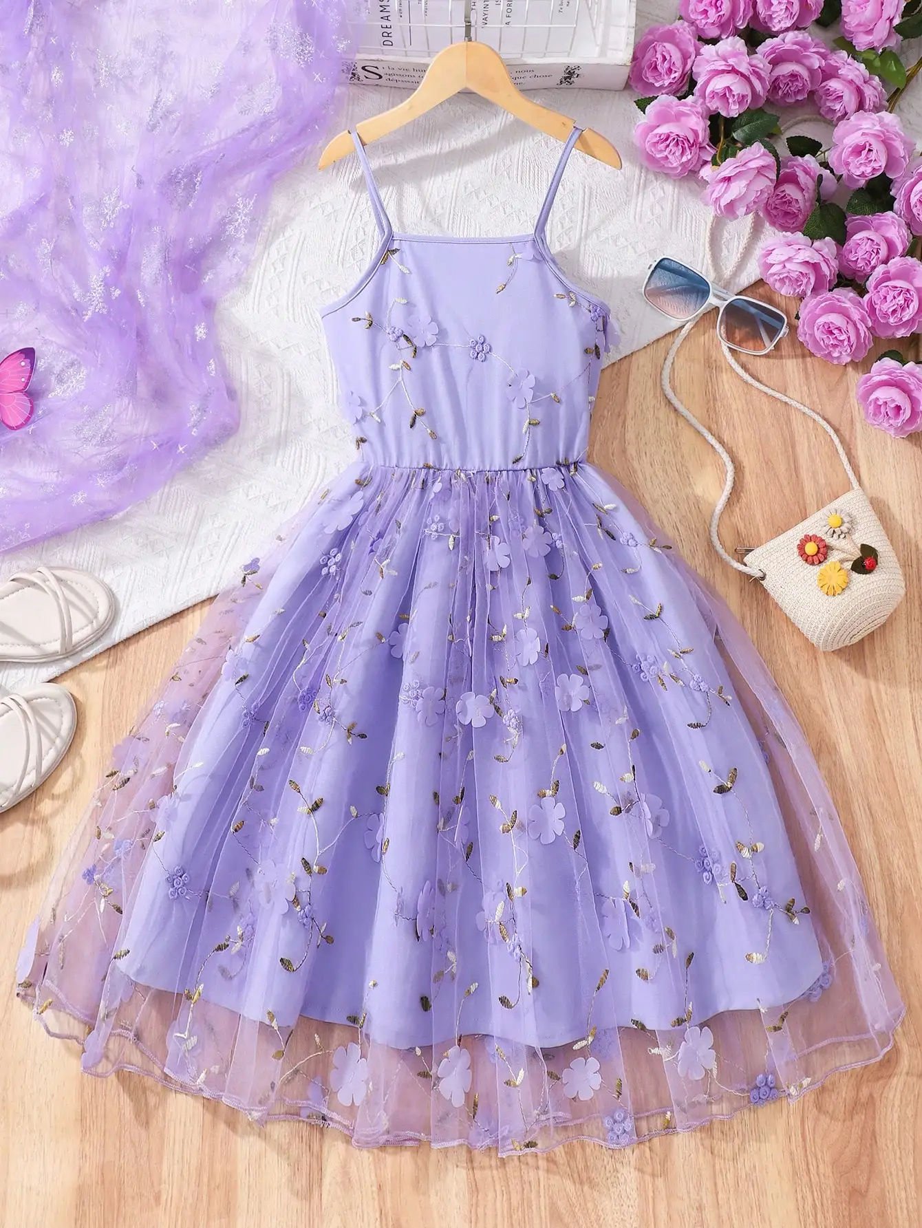 

Lavender Floral Embroidered Mesh Cami Dress Summer Vacation Elegant
