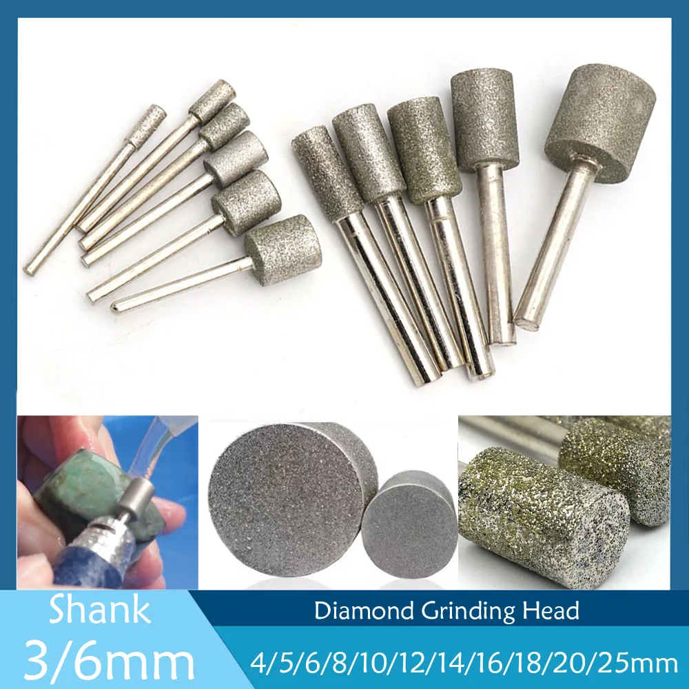 

1-10Pcs 3/6mm Shank Cylinder Diamond Grinding Head 4-25mm Grinding Bit Needle For Carving Deburring Jade Polishing Abrasive Tool